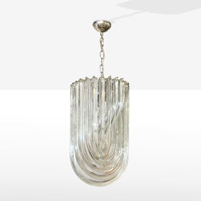 Venini, Lampada a sospensione in metallo cromato e vetro trasparente, Murano, anni '80