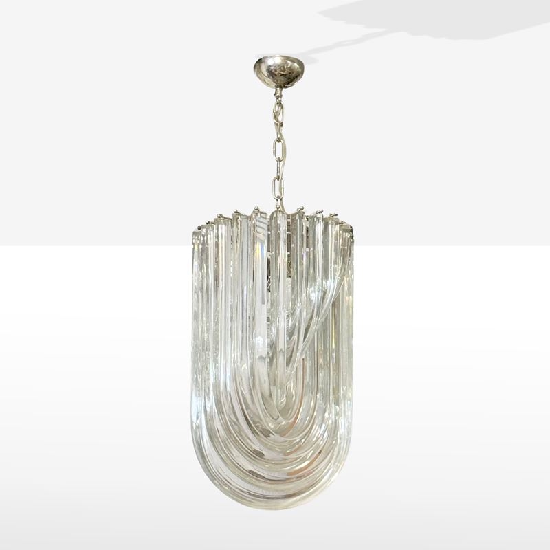 Venini, Lampada a sospensione in metallo cromato e vetro trasparente, Murano, anni '80