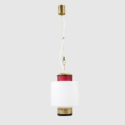 Lampada a sospensione Stilnovo, Mod. 8052, ottone, acciaio, metallo, vetro satinato e colorato