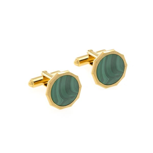 Octagonal golden metal and malachite cufflinks