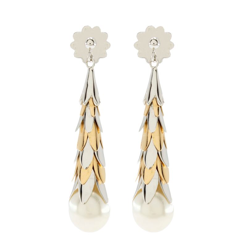Orecchini pendenti in oro bianco e rosa 18kt con perle coltivate, lunghezza 4,7 cm