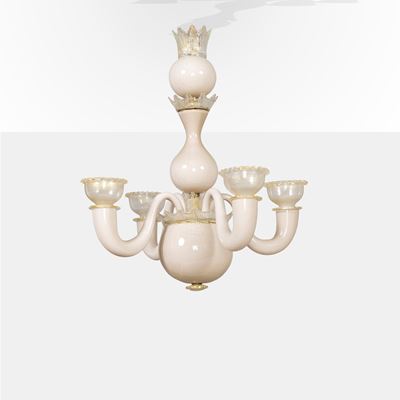 Gio Ponti, Lampada a sospensione in vetro lattimo e trasparente con foglia d'oro, Murano, anni '5...