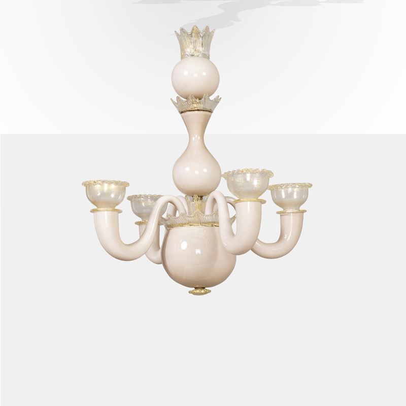 Gio Ponti, Lampada a sospensione in vetro lattimo e trasparente con foglia d'oro, Murano, anni '5...