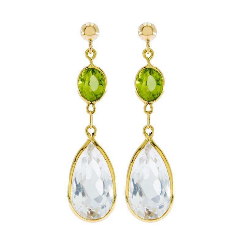 Orecchini pendenti in oro giallo 18 kt con peridoti e quarzi, lunghezza 4,3 cm
