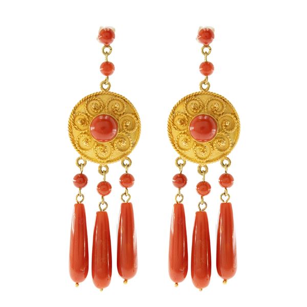 18kt yellow gold and red coral pendant earrings  - Auction Jewels and Watches Web Only - Colasanti Casa d'Aste