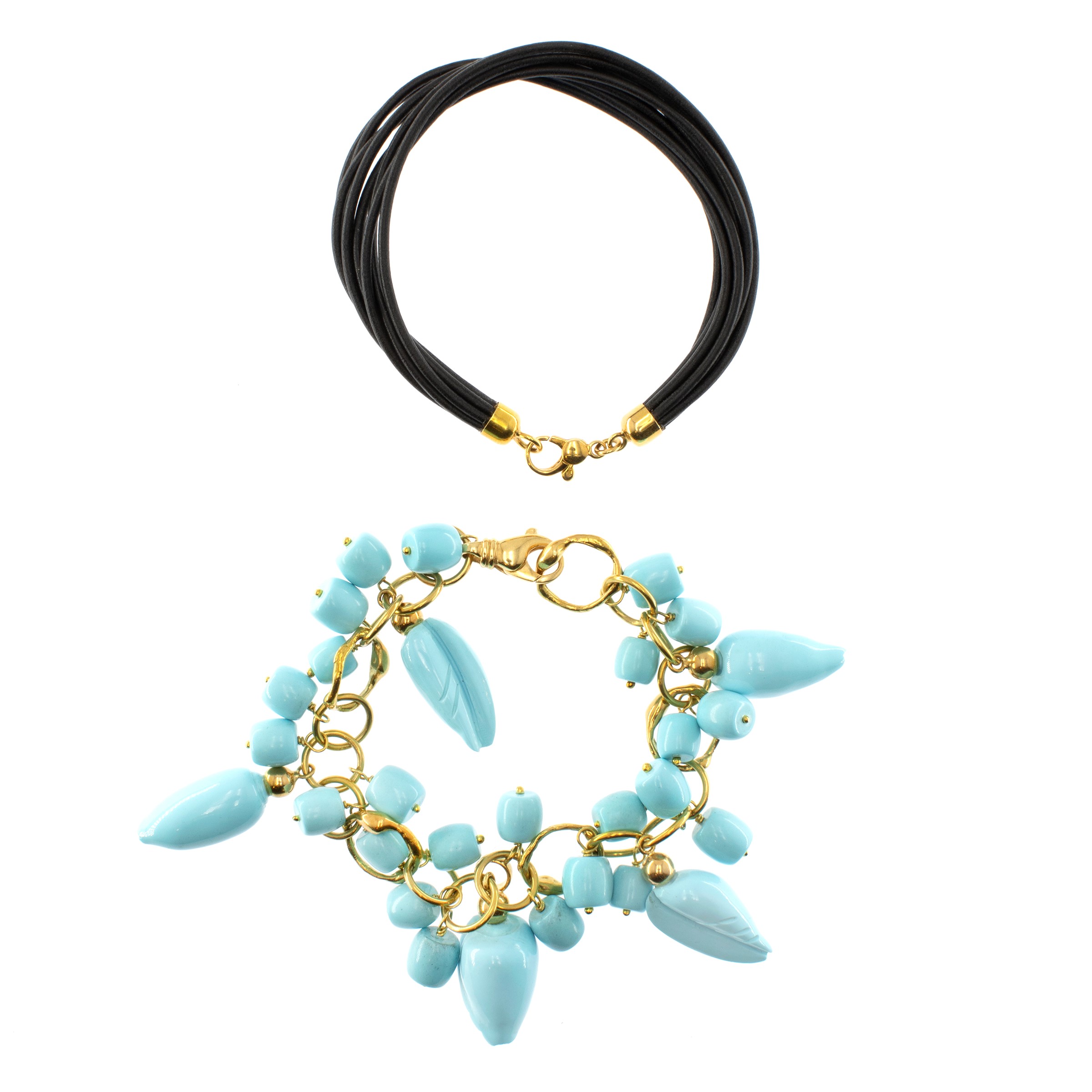 Collana - bracciale in oro giallo 18kt e pendenti in pasta di turchese