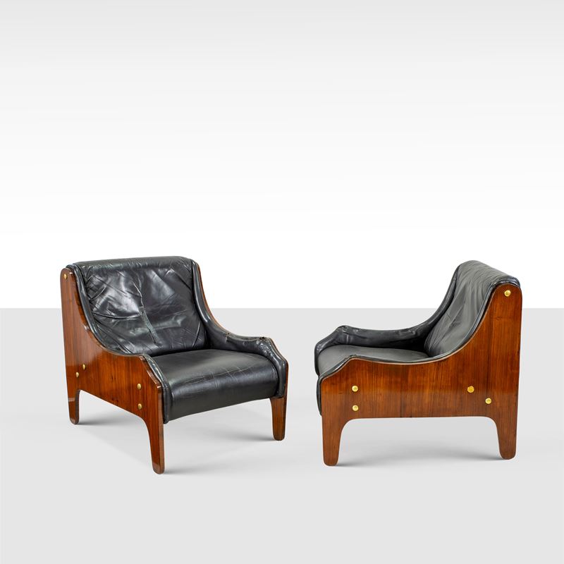 Marco Zanuso, Coppia di poltrone modello Milord, legno, ottone e pelle imbottita