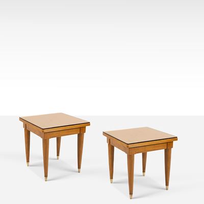Manifattura italiana, Coppia di tavolini in legno, ottone e vetro specchiato, anni '50