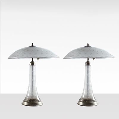 Mazzega, Coppia di lampade da tavolo in vetro e metallo, Murano, anni '60