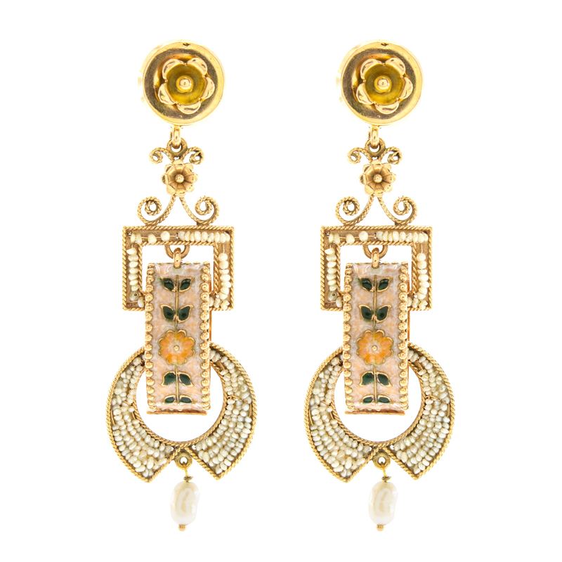 Orecchini pendenti in oro rosa 9kt con smalto policromo