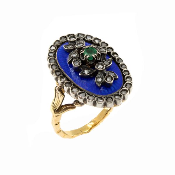 Antique gold and silver diamond roses, emerald and blue enamel ring