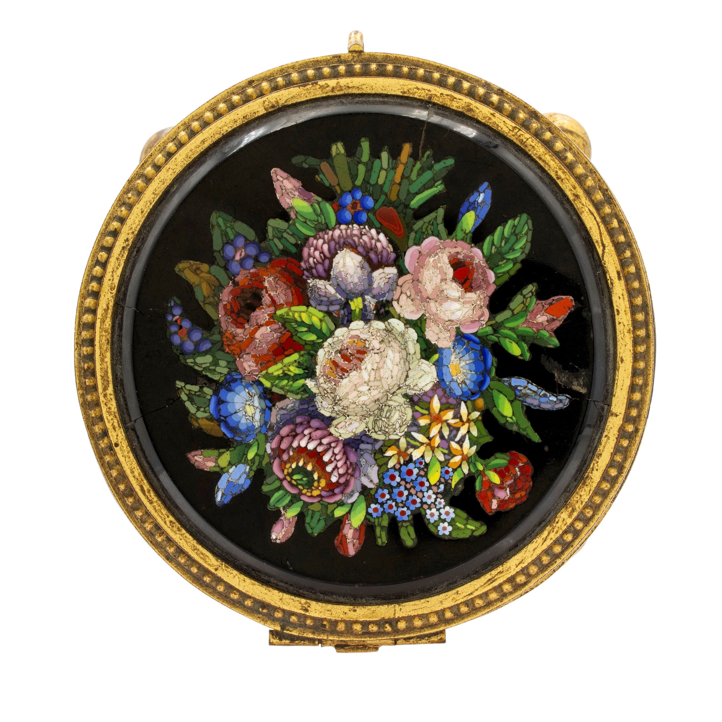 Placca in Micromosaico Montata su Cofanetto in Bronzo Dorato e Smalti Policromi