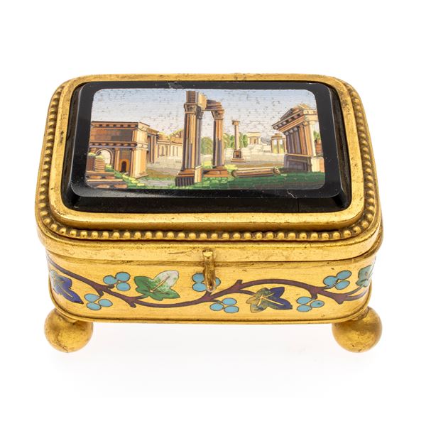 Gilded bronze, enamel and micromosaic box