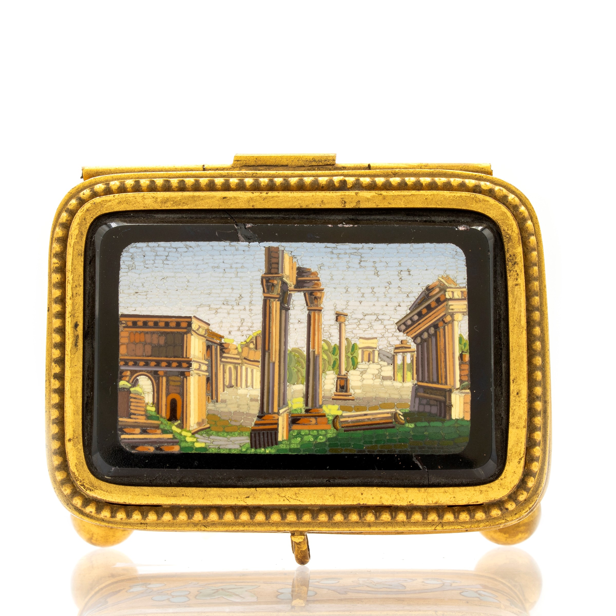 Placca in Micromosaico Montata su Cofanetto in Bronzo Dorato e Smalti