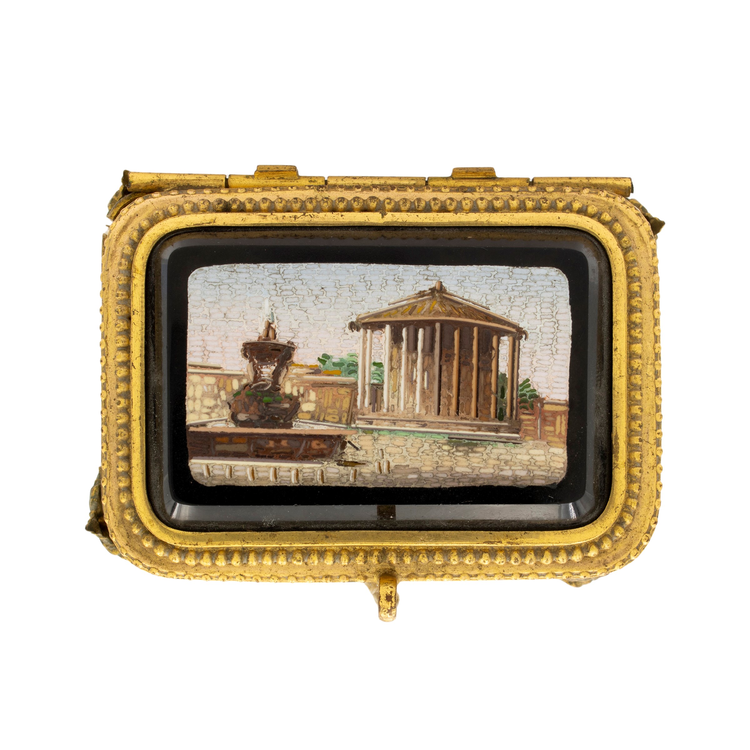 Placca in Micromosaico Montata su Cofanetto in Bronzo Dorato e Smalti Policromi