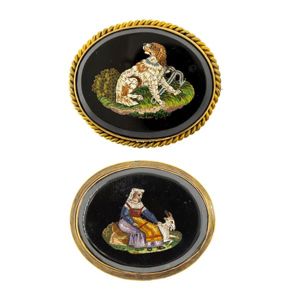 Two micromosaic and black Belgium brooches