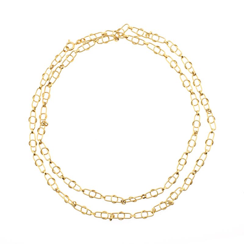 Collana in oro giallo 18kt, lunghezza 80 cm, peso 25 g