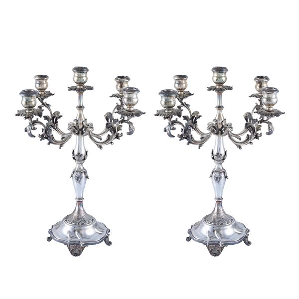 Pair of 5-light silver candlesticks  (Italy, 20th century)  - Auction Fine Silver and the Art of the Table - Colasanti Casa d'Aste