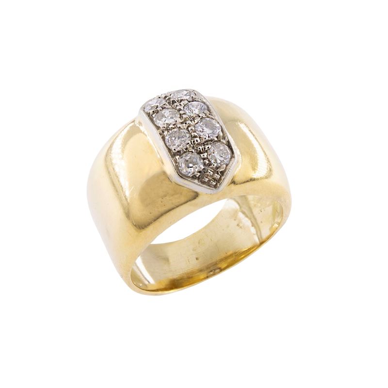Anello a fascia in oro giallo e bianco 14 kt con diamanti, ct 0,50