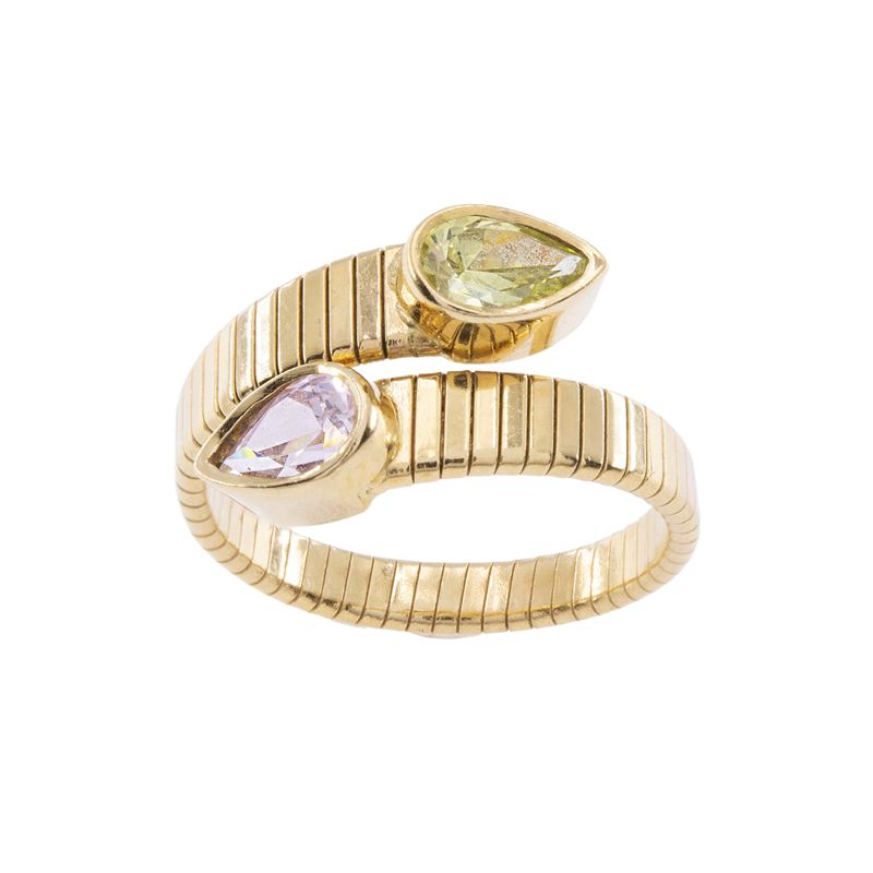 Anello contrarié in oro giallo 18kt con tormaline verde e rosa, misura 10