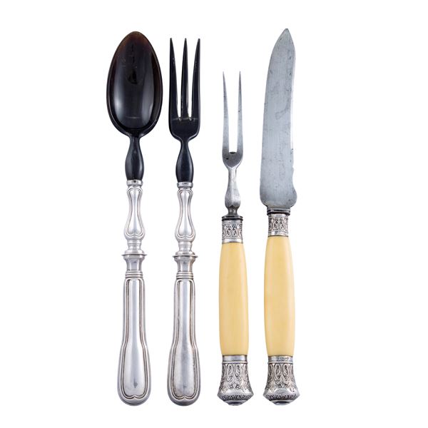 Group of silver and bone serving cutlery (4)