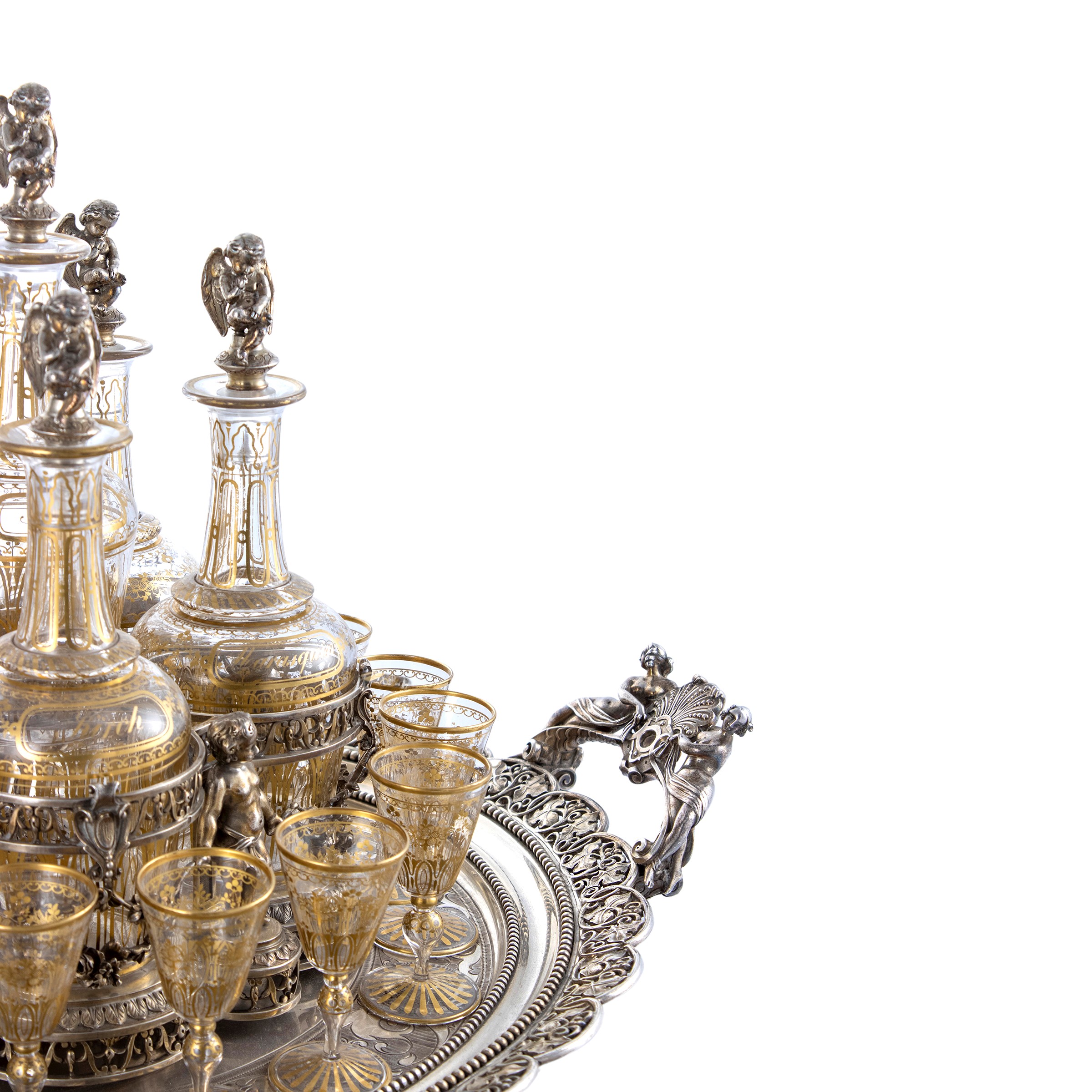 Importante servizio da liquore in argento e vetro