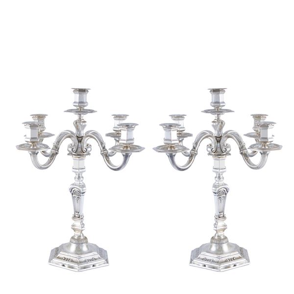 Pair of five-light silver candelabra  (Italy, 20th century)  - Auction Fine Silver and the Art of the Table - Colasanti Casa d'Aste