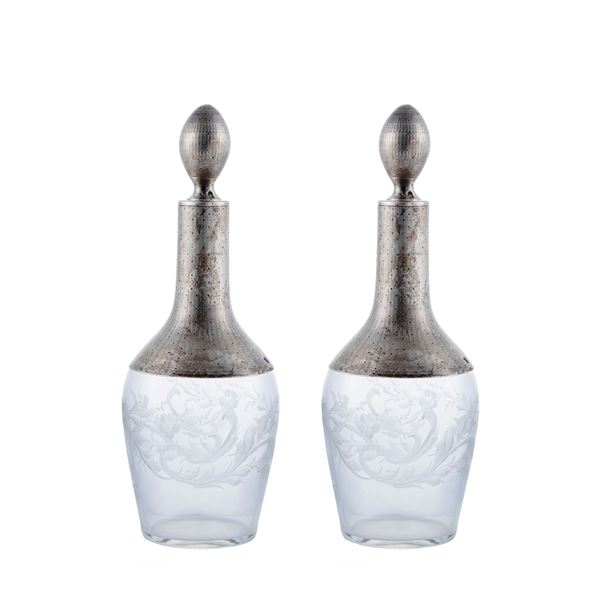 Pair of silver and engraved glass ampoules