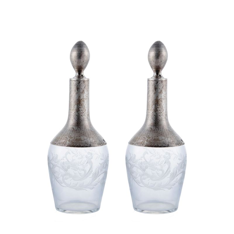 Coppia di Ampolle in Argento e Vetro Inciso