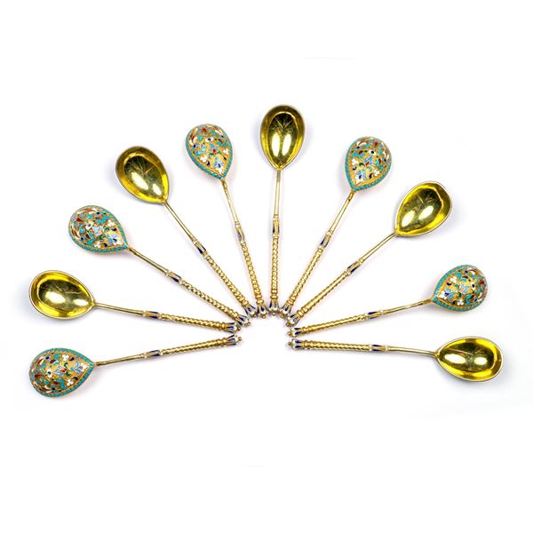 Ten silver vermeil and enamel teaspoons  (Moscow 1869 - 1908)  - Auction Fine Silver and the Art of the Table - Colasanti Casa d'Aste