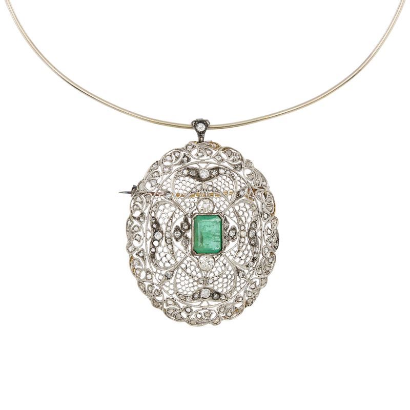 Antico Pendente Spilla in Oro Bianco e Giallo 18kt