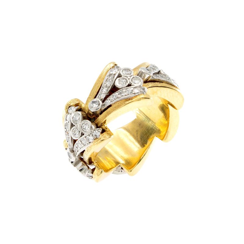 Anello fascia in oro giallo 18kt, platino e diamanti