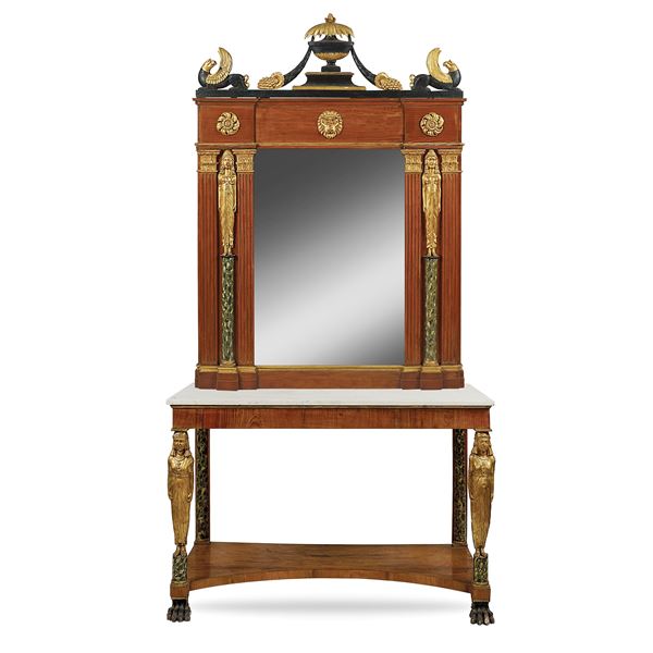 Cherry tree and lacquered wood consolle with mirror  (Tuscany, 19th century)  - Auction Old Master and 19th century Paintings Furniture and Sculptures - Colasanti Casa d'Aste