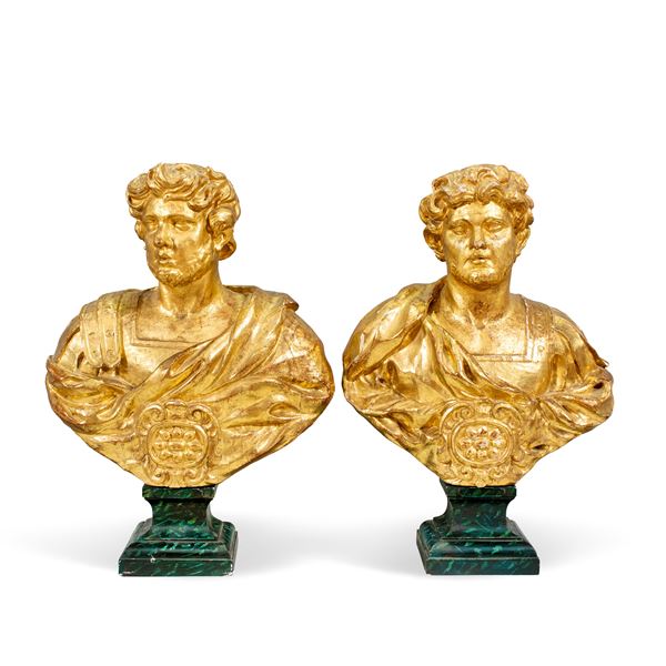 Pair of gilded and carved wood portrait busts