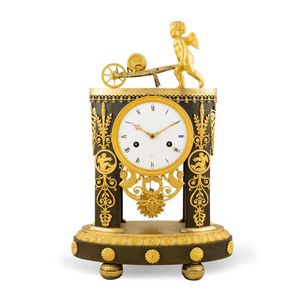 Gilded and patinated bronze table clock  (France, 19th century)  - Auction Old Master and 19th century Paintings Furniture and Sculptures - Colasanti Casa d'Aste