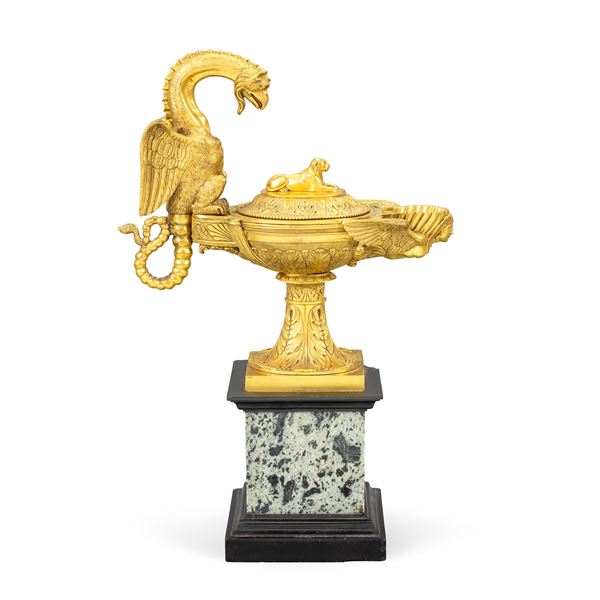 Benedetto Boschetti, gilded bronze oil lamp  (Rome 1820 - 1880 approximately)  - Auction Old Master and 19th century Paintings Furniture and Sculptures - Colasanti Casa d'Aste