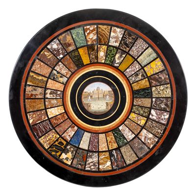 Piano Circolare con Commesso di Marmi Policromi e Micromosaico