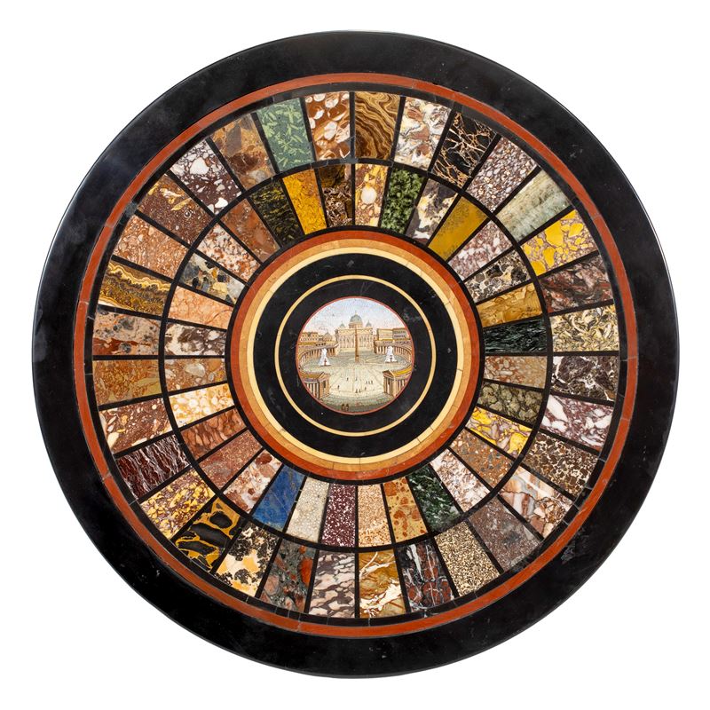 Piano Circolare con Commesso di Marmi Policromi e Micromosaico