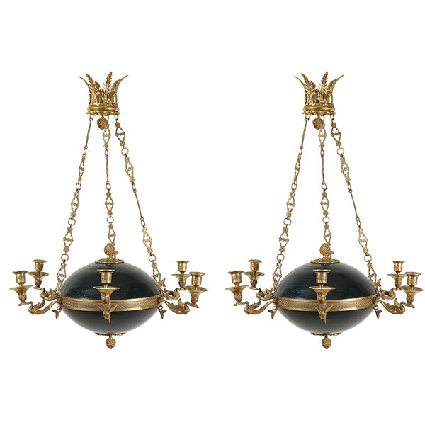 Pair of six-light Impero style chandeliers