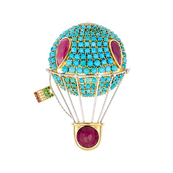 18kt yellow and white gold hot air balloon brooch