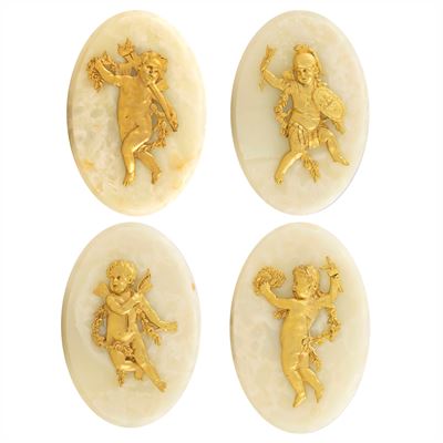 Quattro Placche Ovali in Bronzo e Marmo
