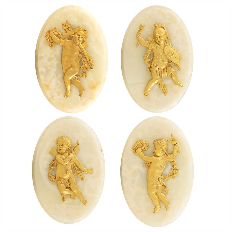Quattro Placche Ovali in Bronzo e Marmo