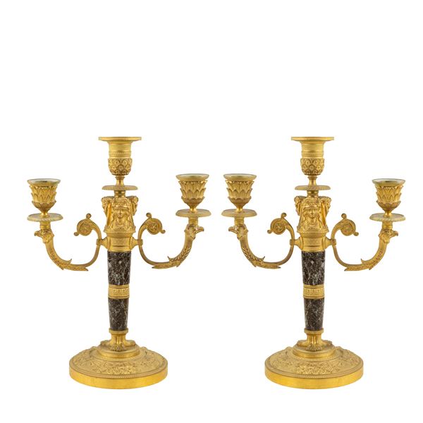 Pair of  three-light bronze and marble candelabra