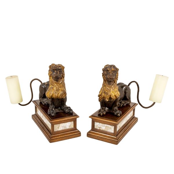 Pair of table  lacquered and carved wood torch holders