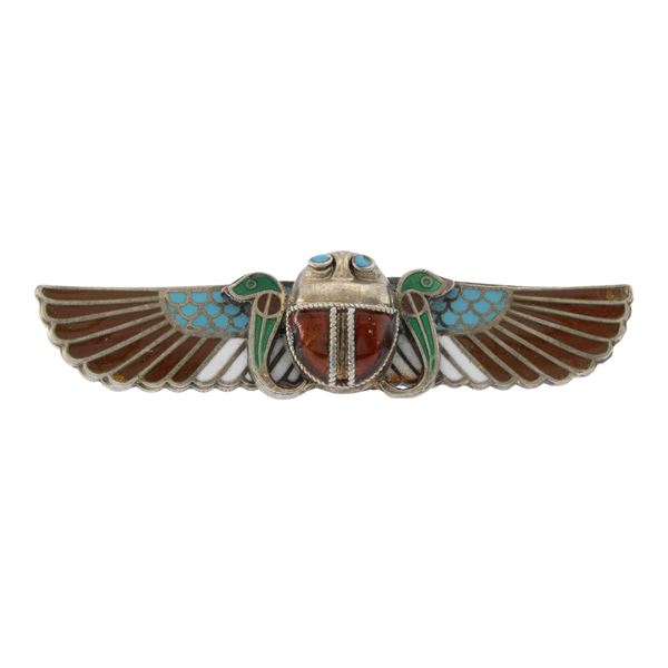 Antique 950 silver scarab brooch decorated with polychrome enamel
