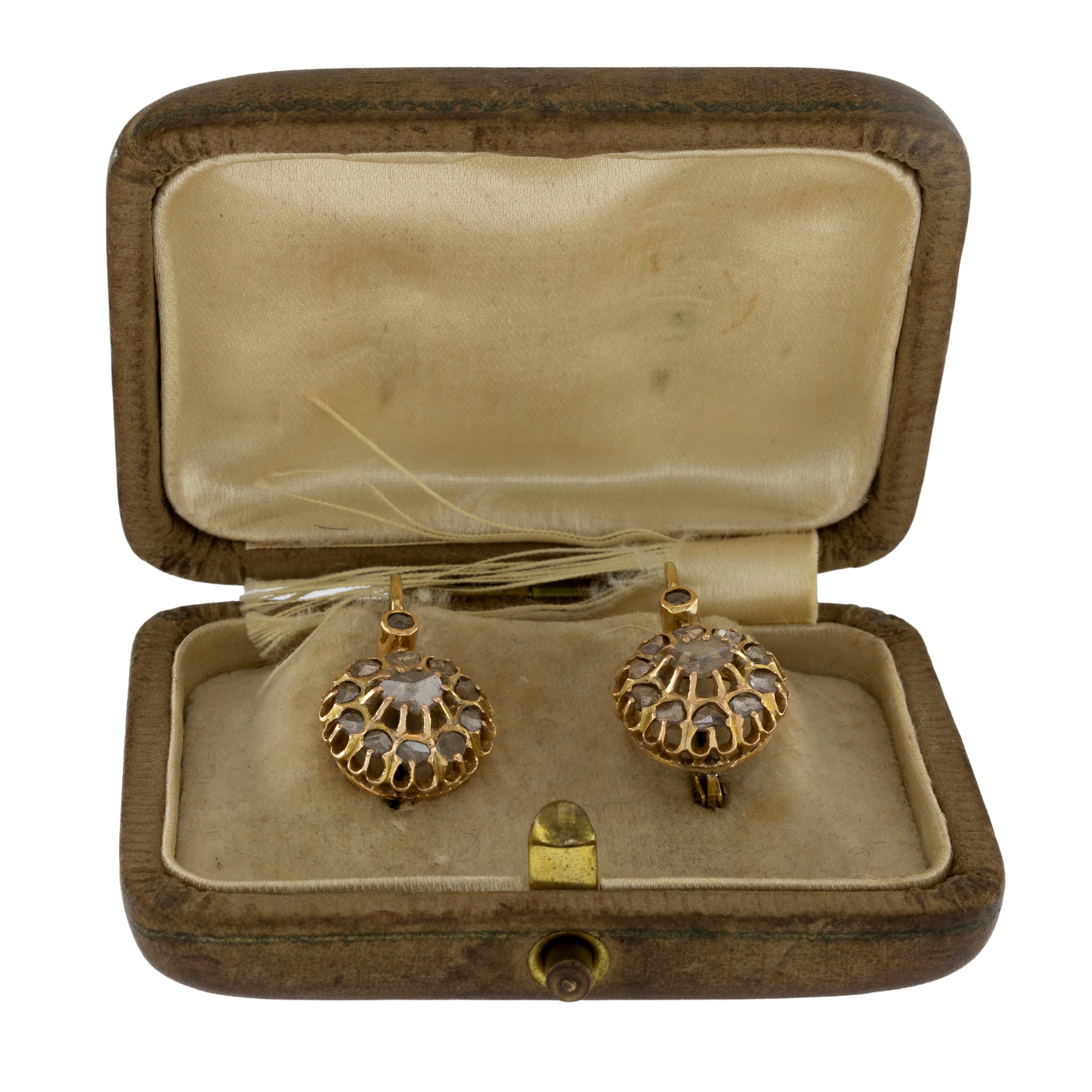 Antichi orecchini a monachina in oro giallo 12kt e rose di diamante