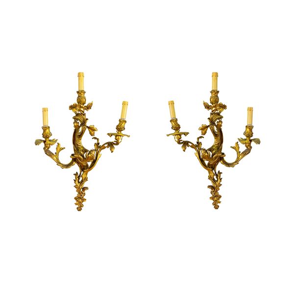 Pair of three-light gilded bronze appliques