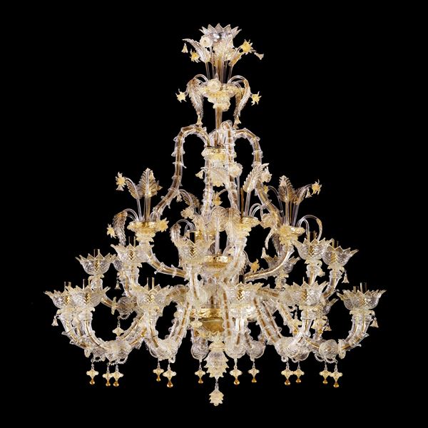 Rezzonico transparent and golden glass chandelier  (Murano, 20th century)  - Auction Old Master and 19th century Paintings Furniture and Sculptures - Colasanti Casa d'Aste