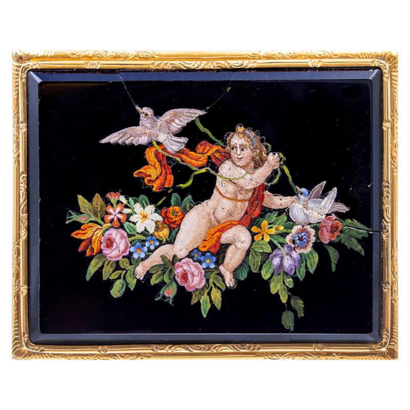 Spilla rettangolare in oro giallo e micromosaico