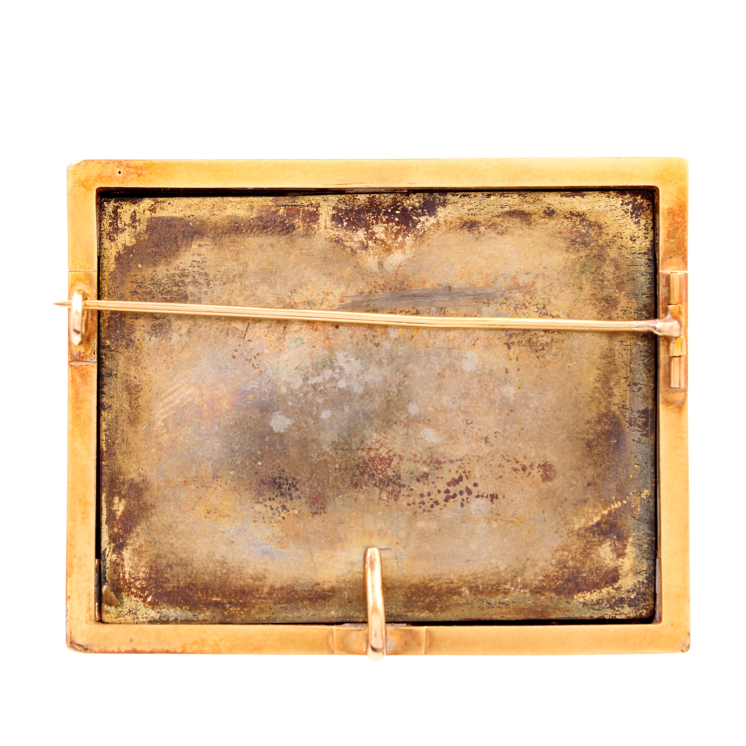 Spilla rettangolare in oro giallo e micromosaico